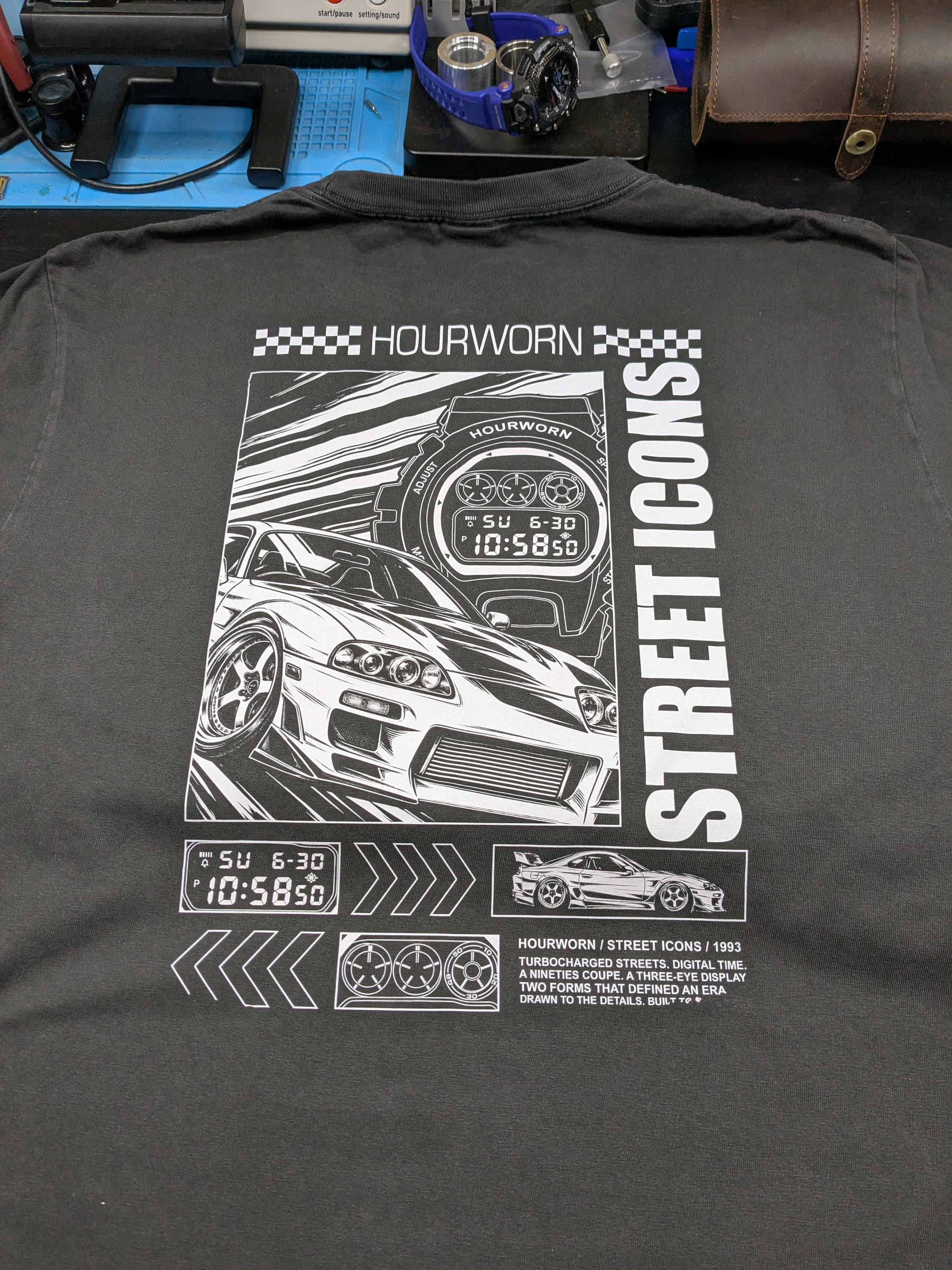 White Street Icons car and digital-watch back print on a gray test T-shirt