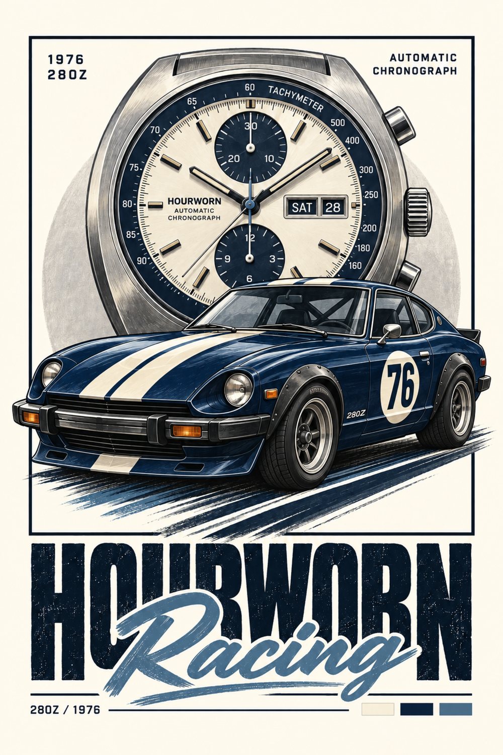 Hourworn Racing design: a navy and cream automatic chronograph with a HOURWORN dial behind a navy 1976 280Z race car with white stripes and number 76