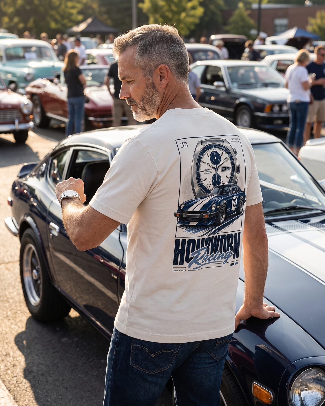 Hourworn Racing T-shirt worn at a classic car show — digital garment preview