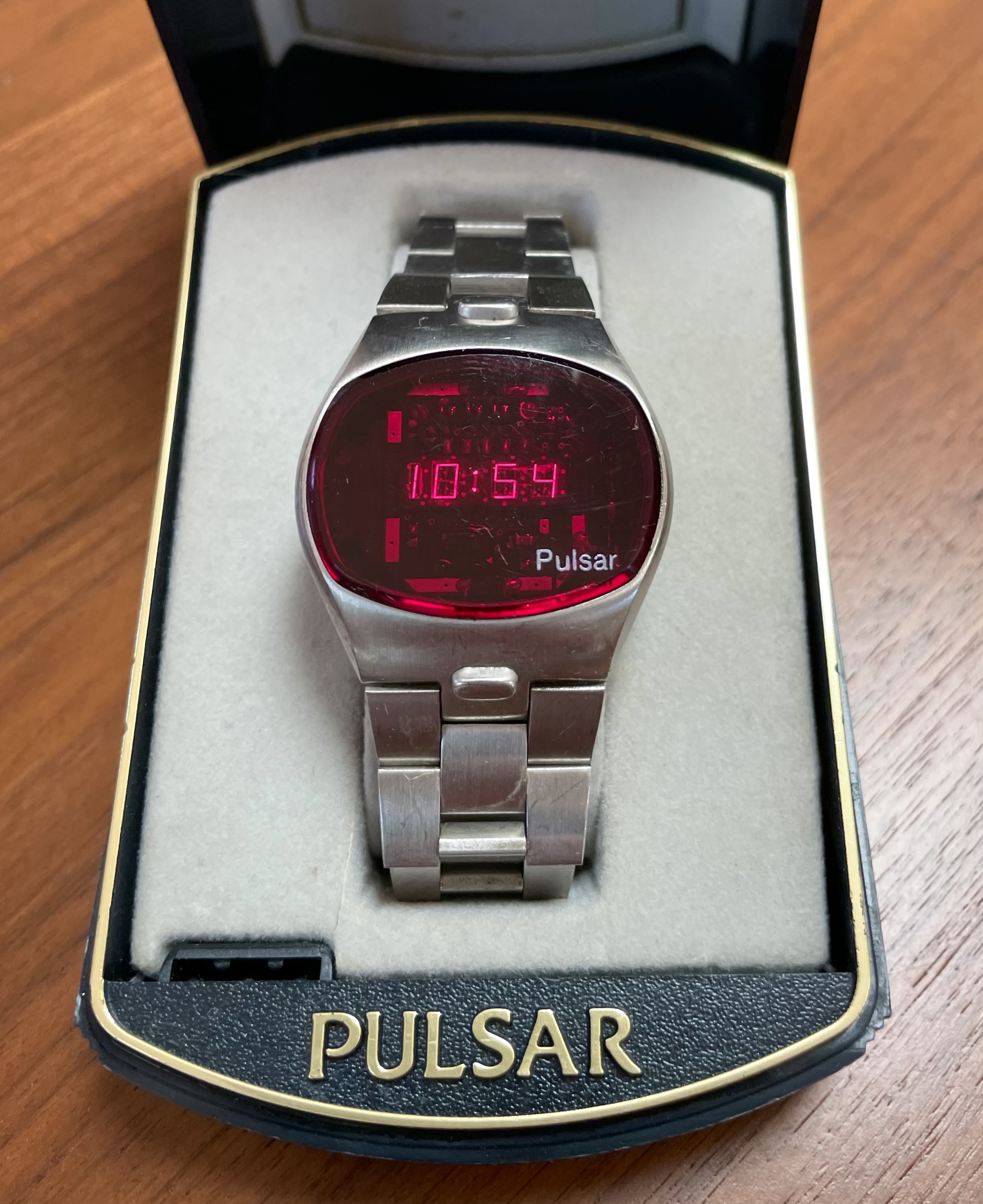 Related period object: a mid-1970s Pulsar Time Computer, photographed in 2021. It shows the era’s LED watch language; it is not identified as the 1972 P1.